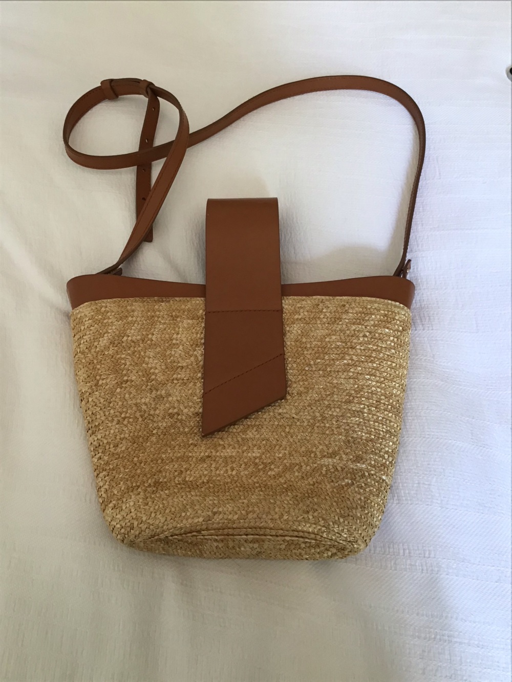 Leather-Trim Straw Bucket Crossbody Bag in Tan - Picture 5 of 11